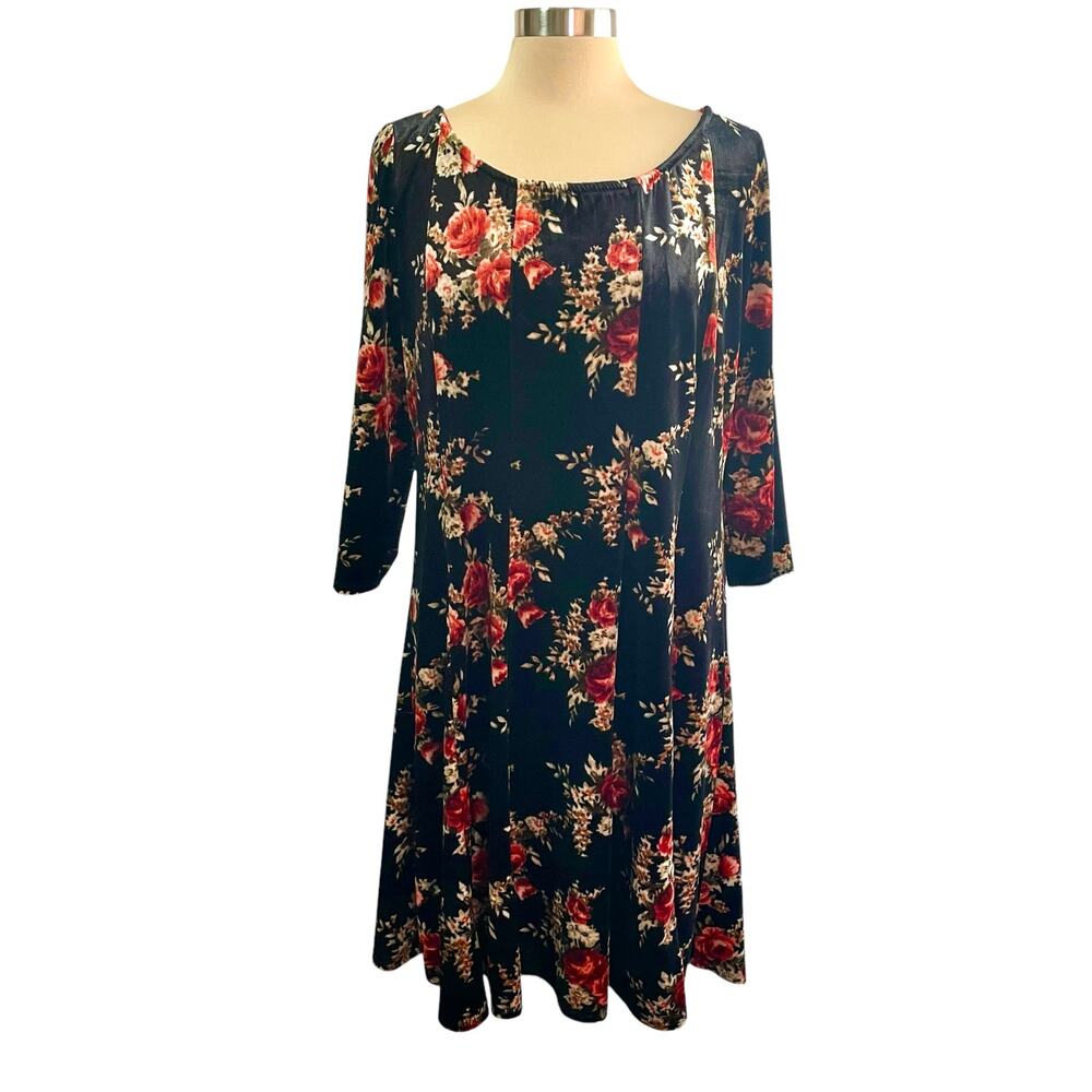 Perceptions Dark Floral Velvet Midi Dress Womens Sz XL Romantic Whimsygoth